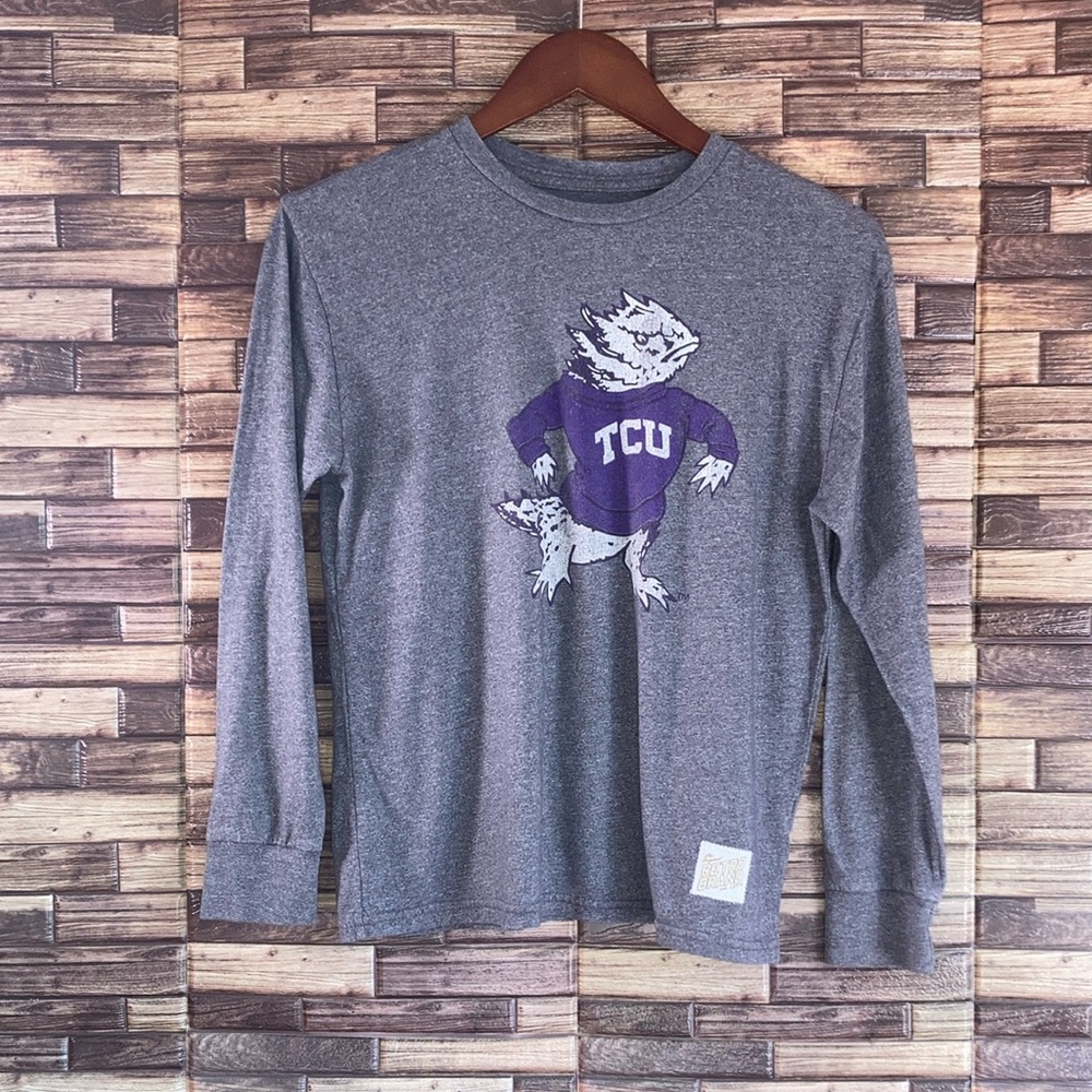 EUC Youth Large Unisex Retro Brand Gray TCU Long Sleeve T Shirt